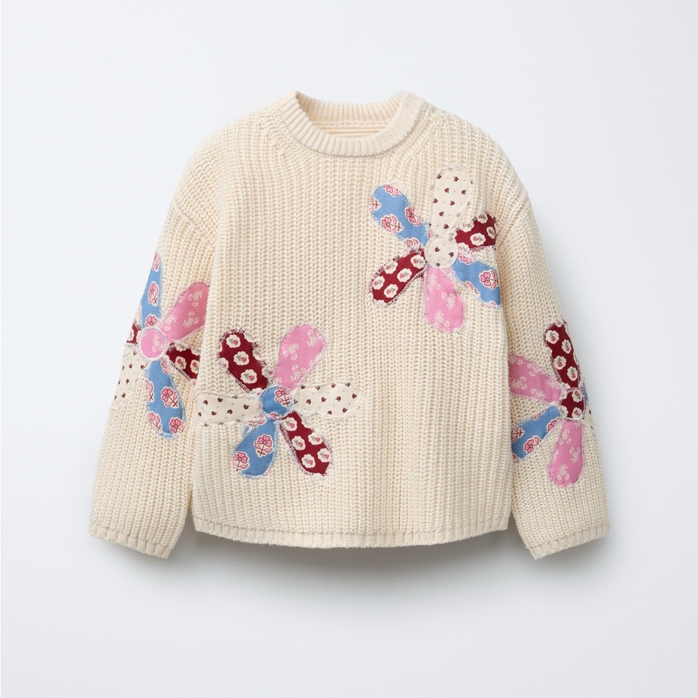 Zara Cream Knit Sweater with Pink Blue and Burgundy Floral Appliqués